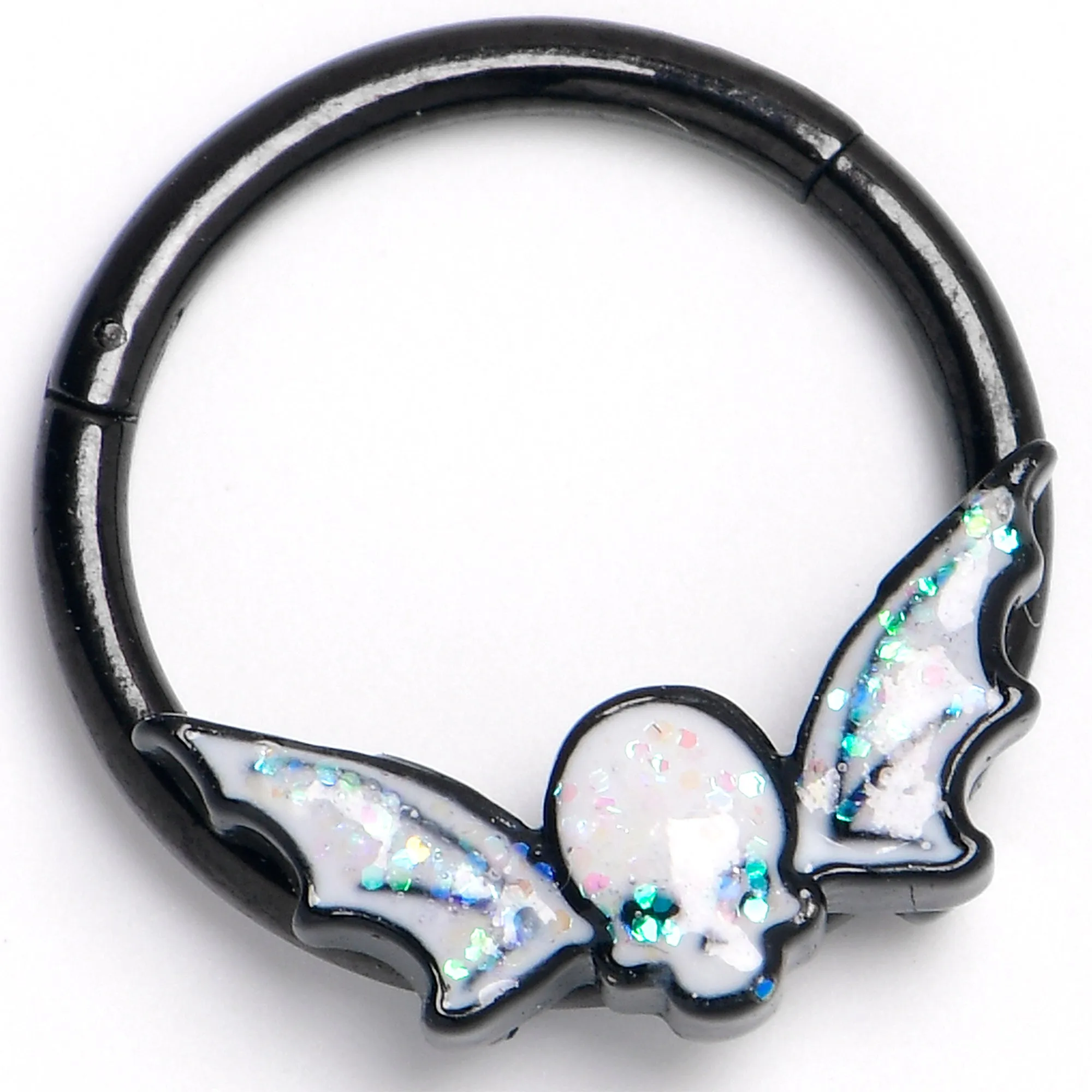 16 Gauge 3/8 Black Winged Skull Glitter Hinged Segment Ring