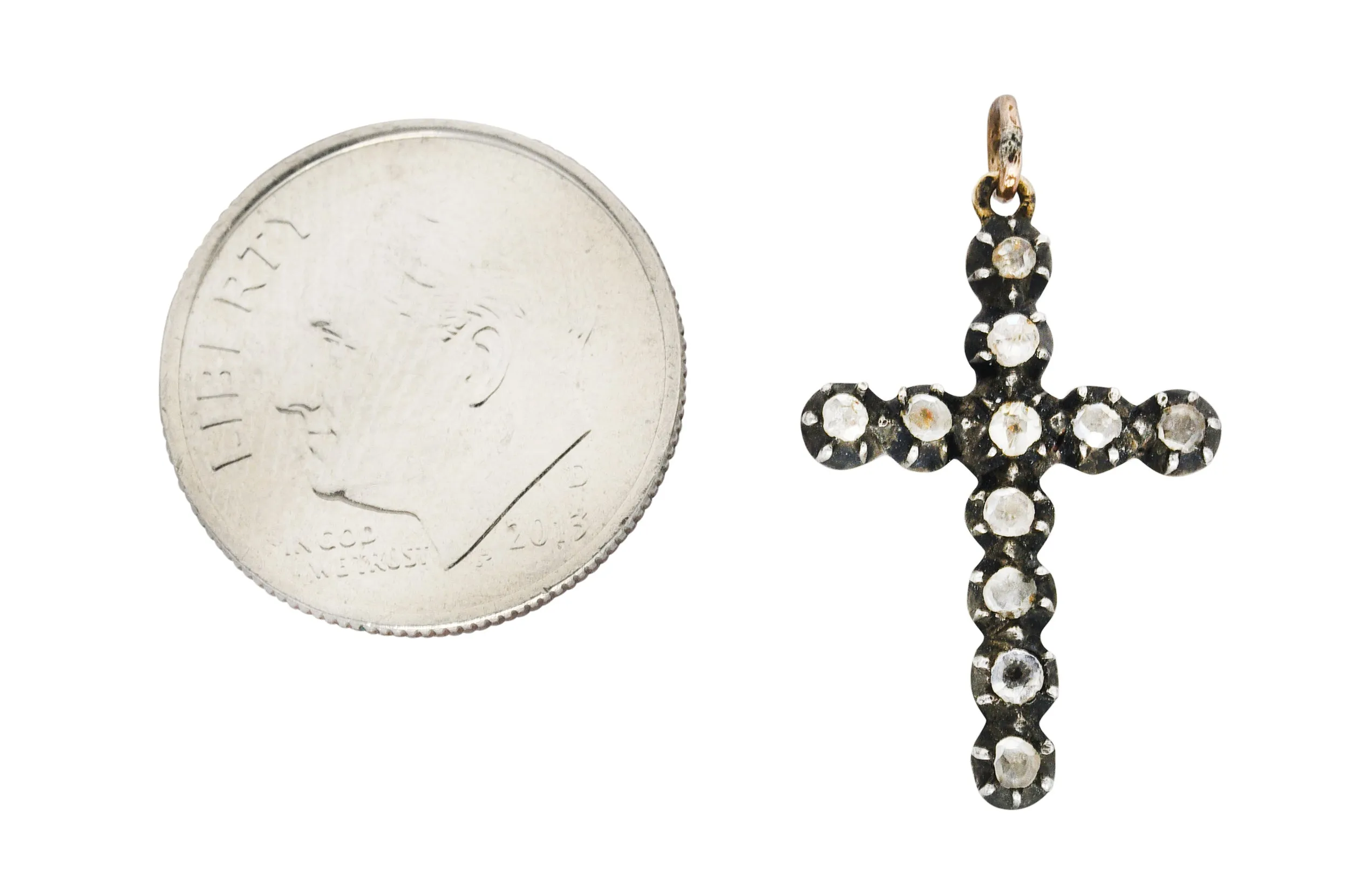 1850's Georgian Rose Cut Diamond Silver-Topped 14 Karat Gold Cross Charm Pendant