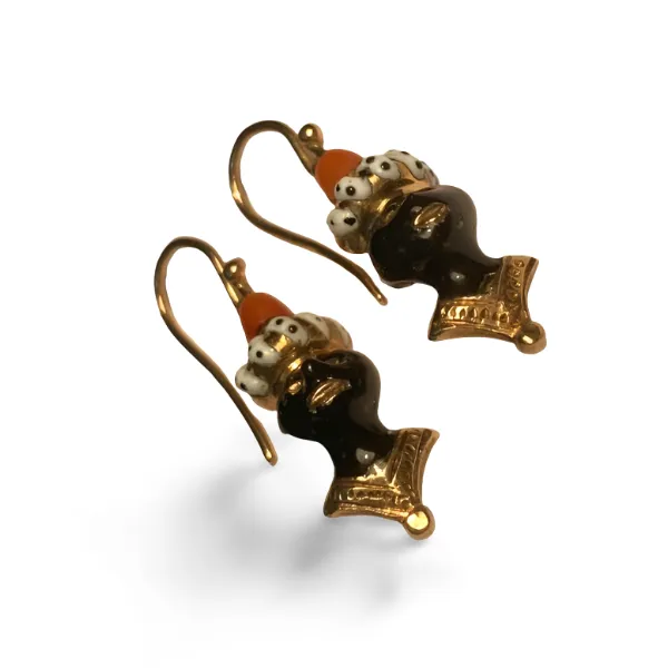 18K Gold Enamel Coral Black Amour Americana Earrings