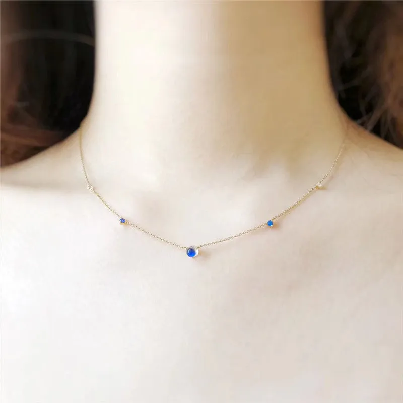 18K Gold Round Natural Diamond Moonstone 0.04ct Necklace