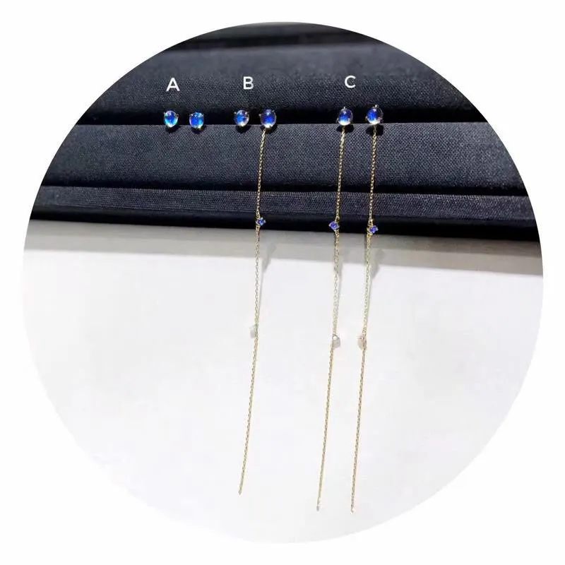18K Gold Round Natural Moonstone Sapphire 4.5mm Wire Length Ball Ear Wire
