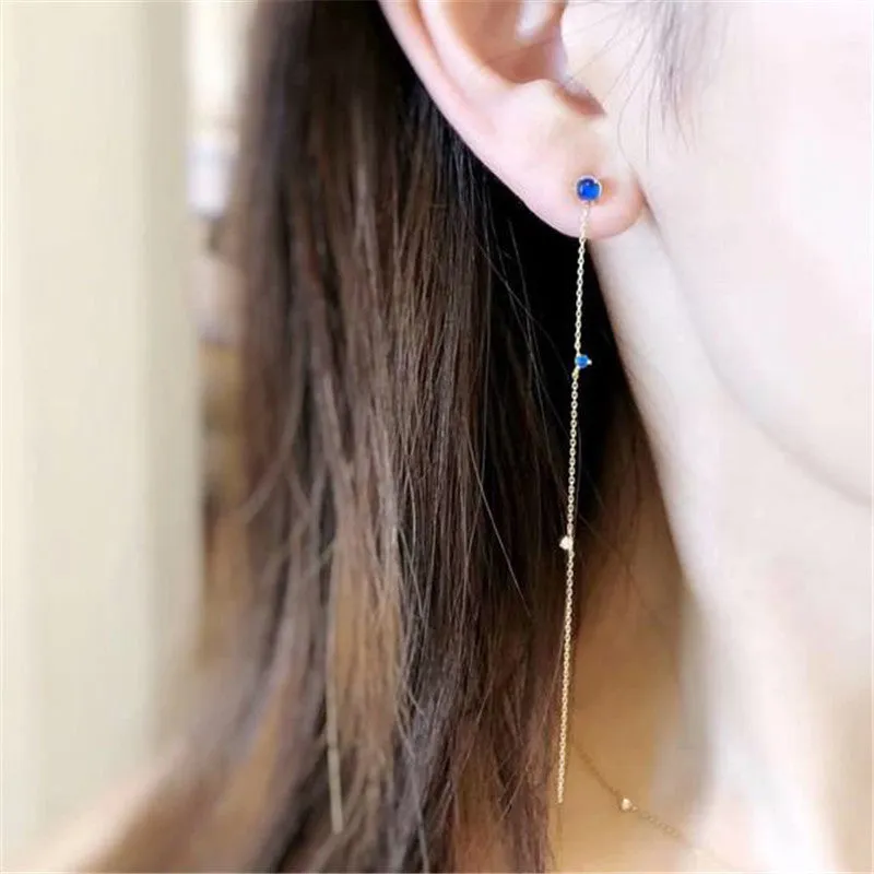 18K Gold Round Natural Moonstone Sapphire 4.5mm Wire Length ear Wire