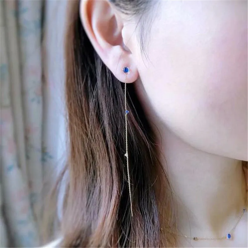 18K Gold Round Natural Moonstone Sapphire 4.5mm Wire Length ear Wire