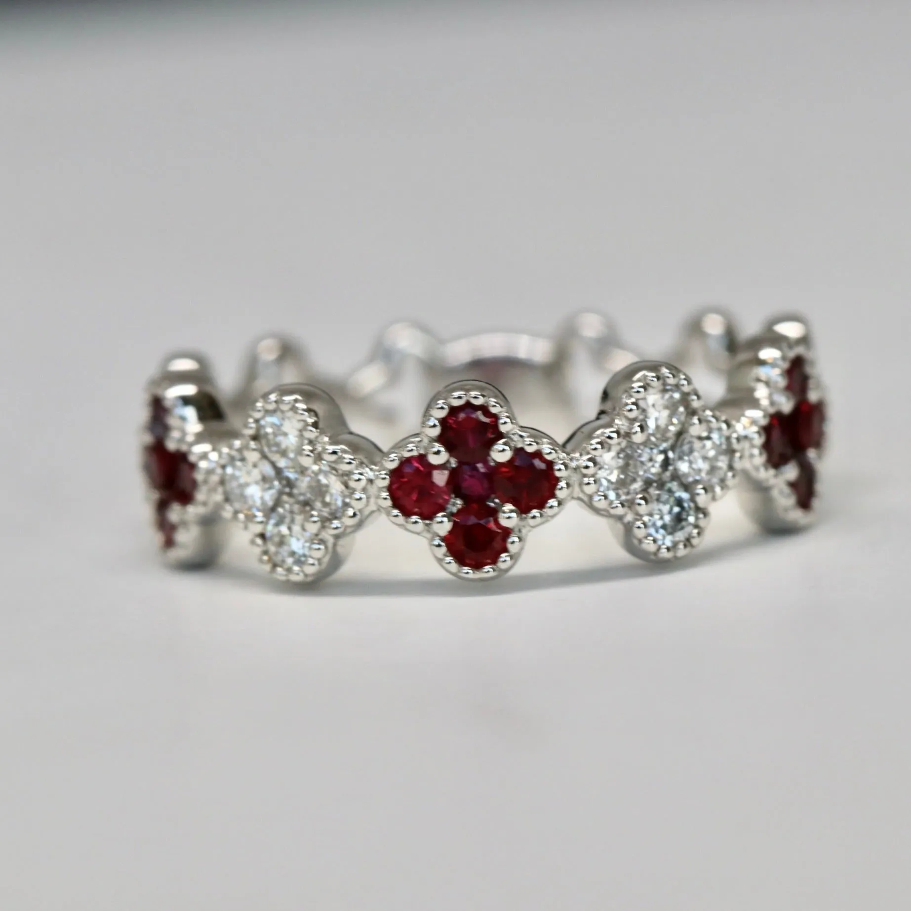 18kt White Gold Ruby and Diamond Clover Ring