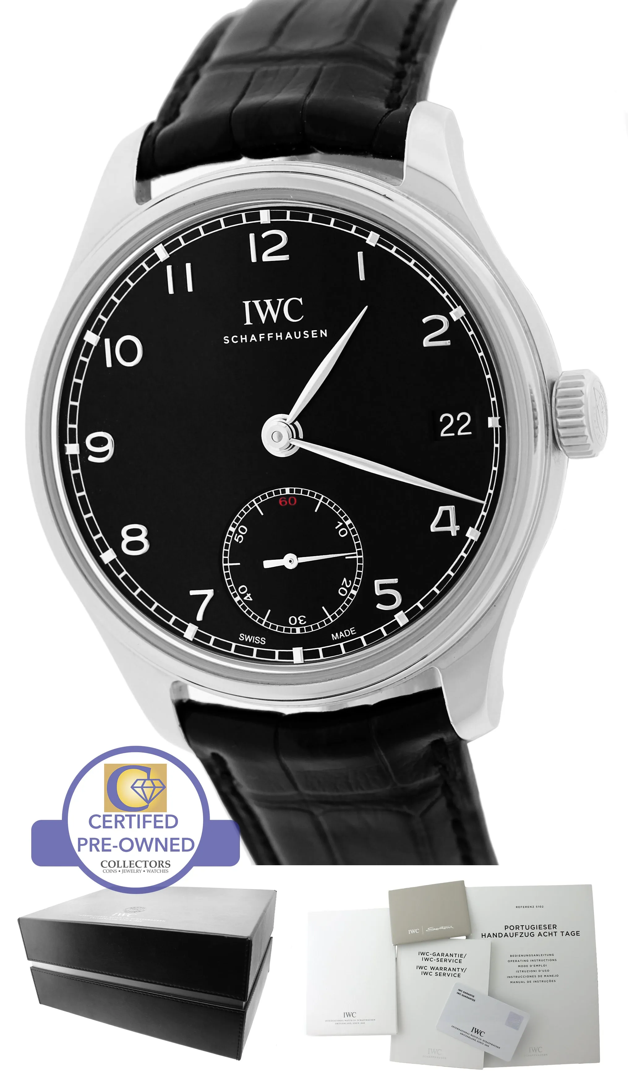 2014 IWC Portuguese Hand Wound Eight Days 43mm Black Steel Watch IW510202 5102