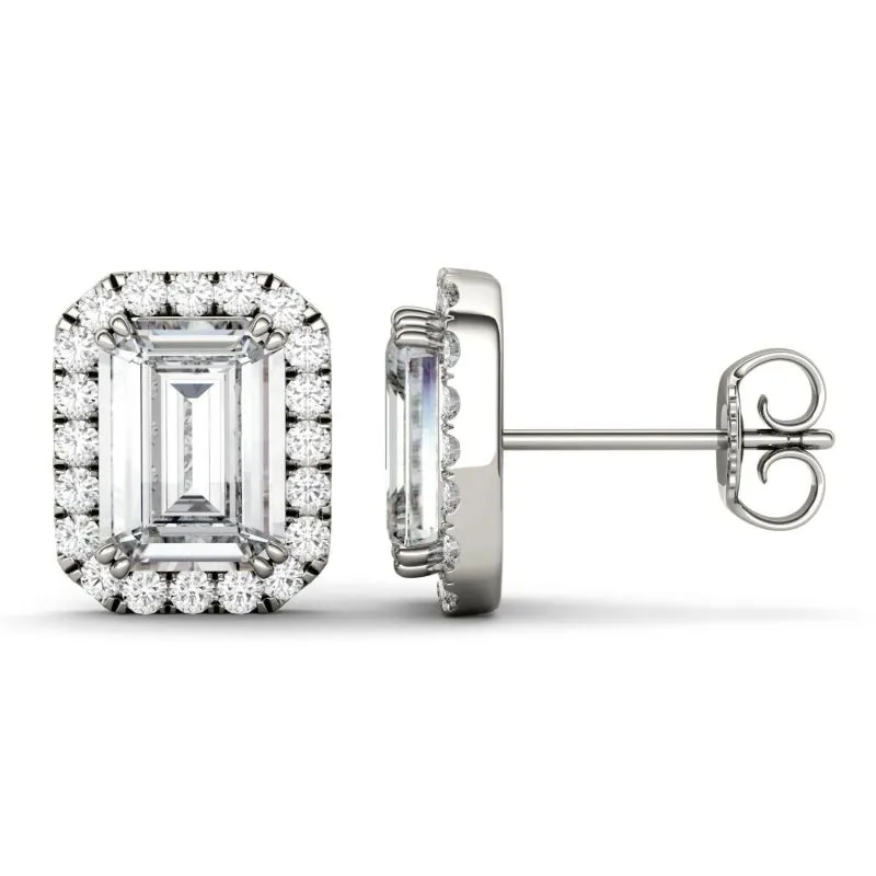 925 Sterling Sliver/14K/18K 4.0CTW Emerald Cut Moissanite Diamond Halo Stud Earrings