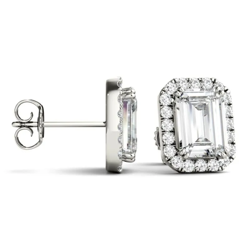 925 Sterling Sliver/14K/18K 4.0CTW Emerald Cut Moissanite Diamond Halo Stud Earrings
