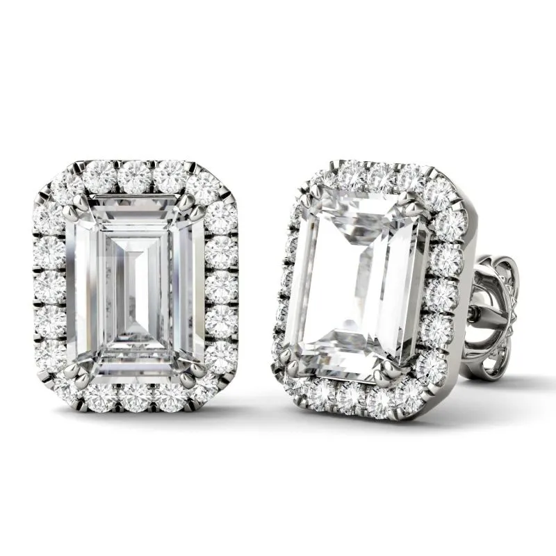925 Sterling Sliver/14K/18K 4.0CTW Emerald Cut Moissanite Diamond Halo Stud Earrings