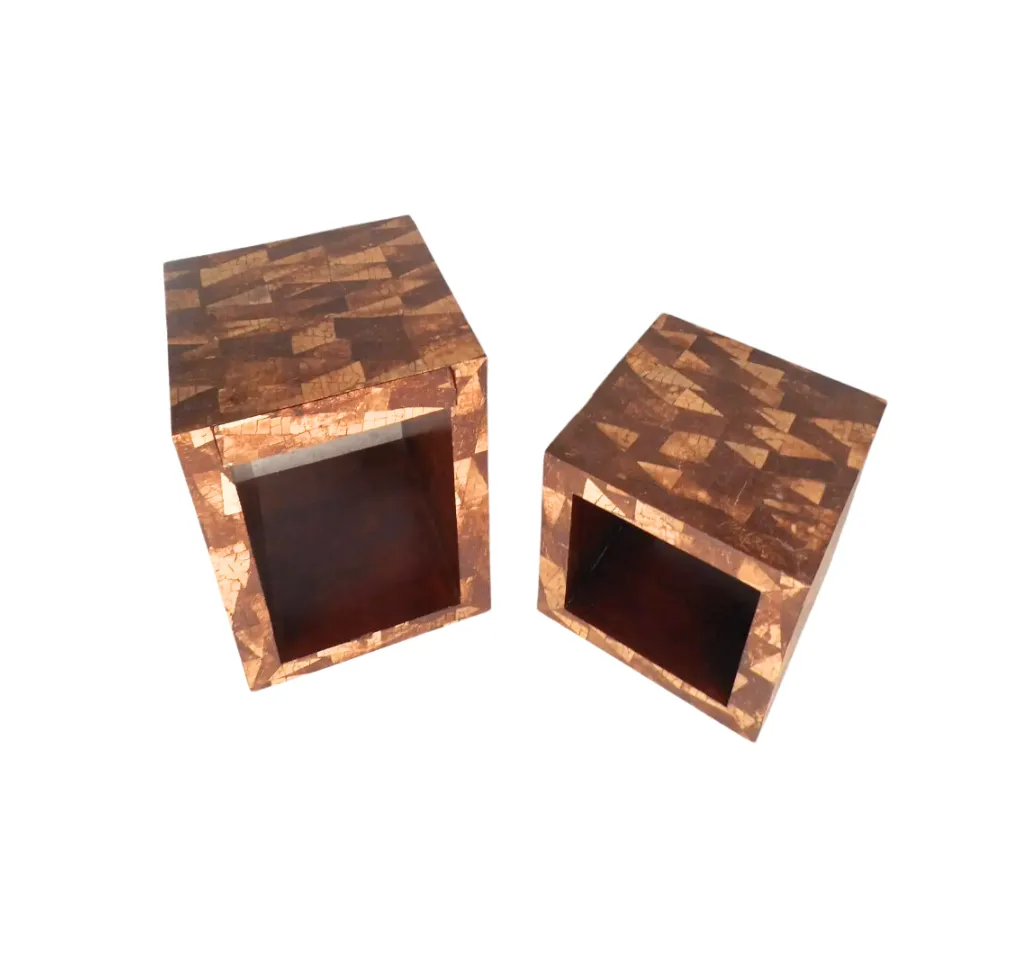 A Pair, Mid-Century Modern Augousti Style Coconut Shell Inlay End Tables