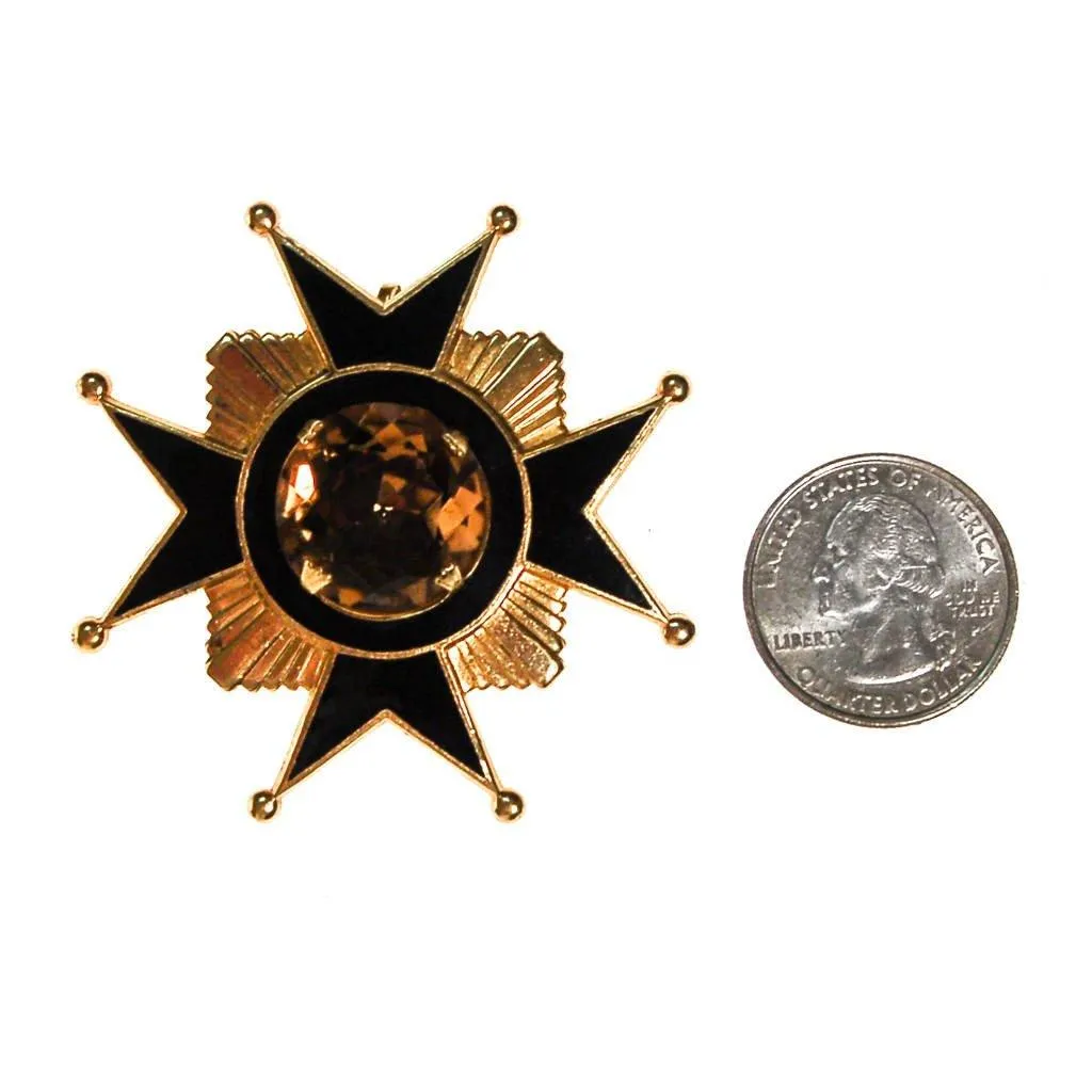Accessocraft NYC Black, Gold, Citrine Rhinestone Maltese Cross Brooch, Pendant