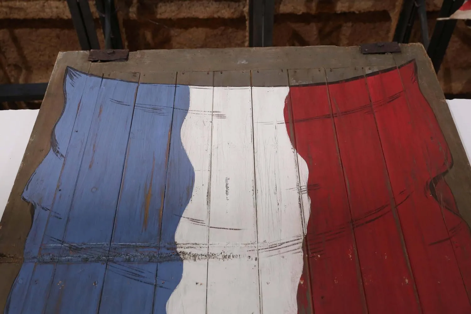 Antique French Barn Door with Flag Painting