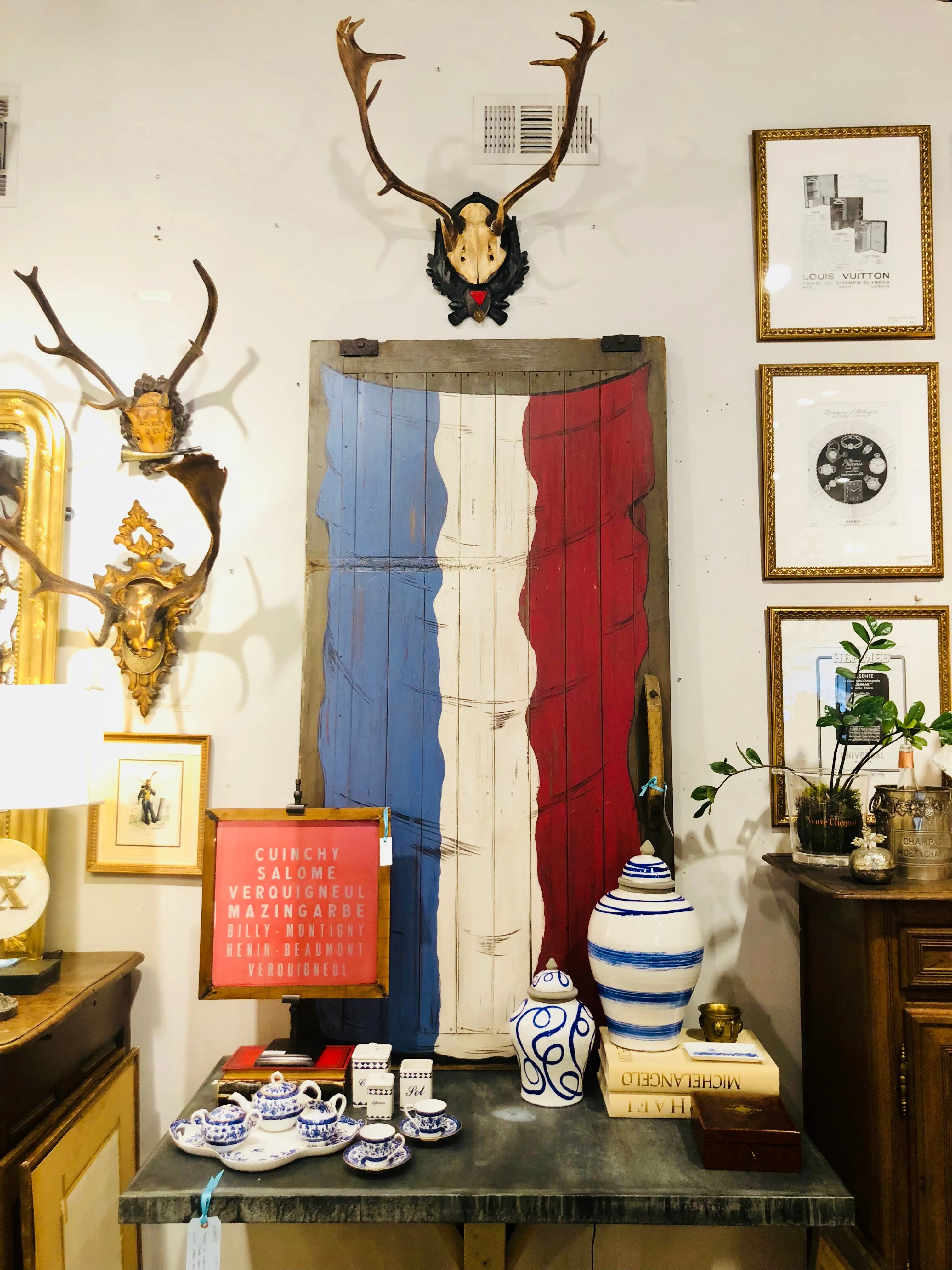 Antique French Barn Door with Flag Painting