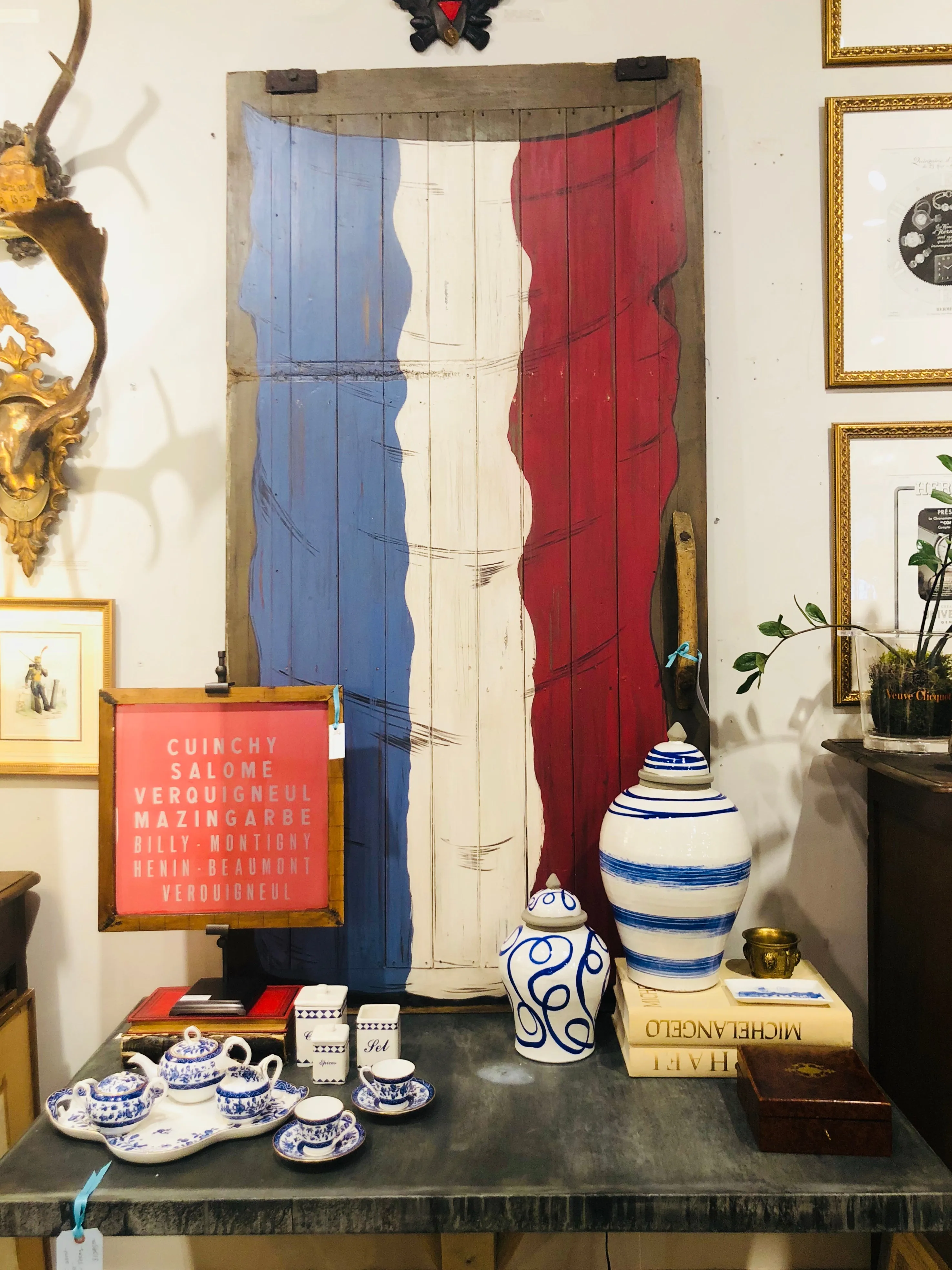 Antique French Barn Door with Flag Painting