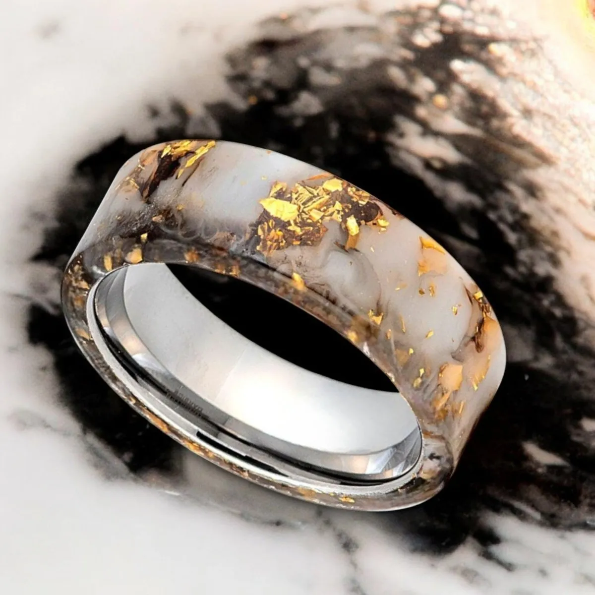 AURIC | Silver Tungsten Ring, White/Black and Gold Foil Resin Inlay