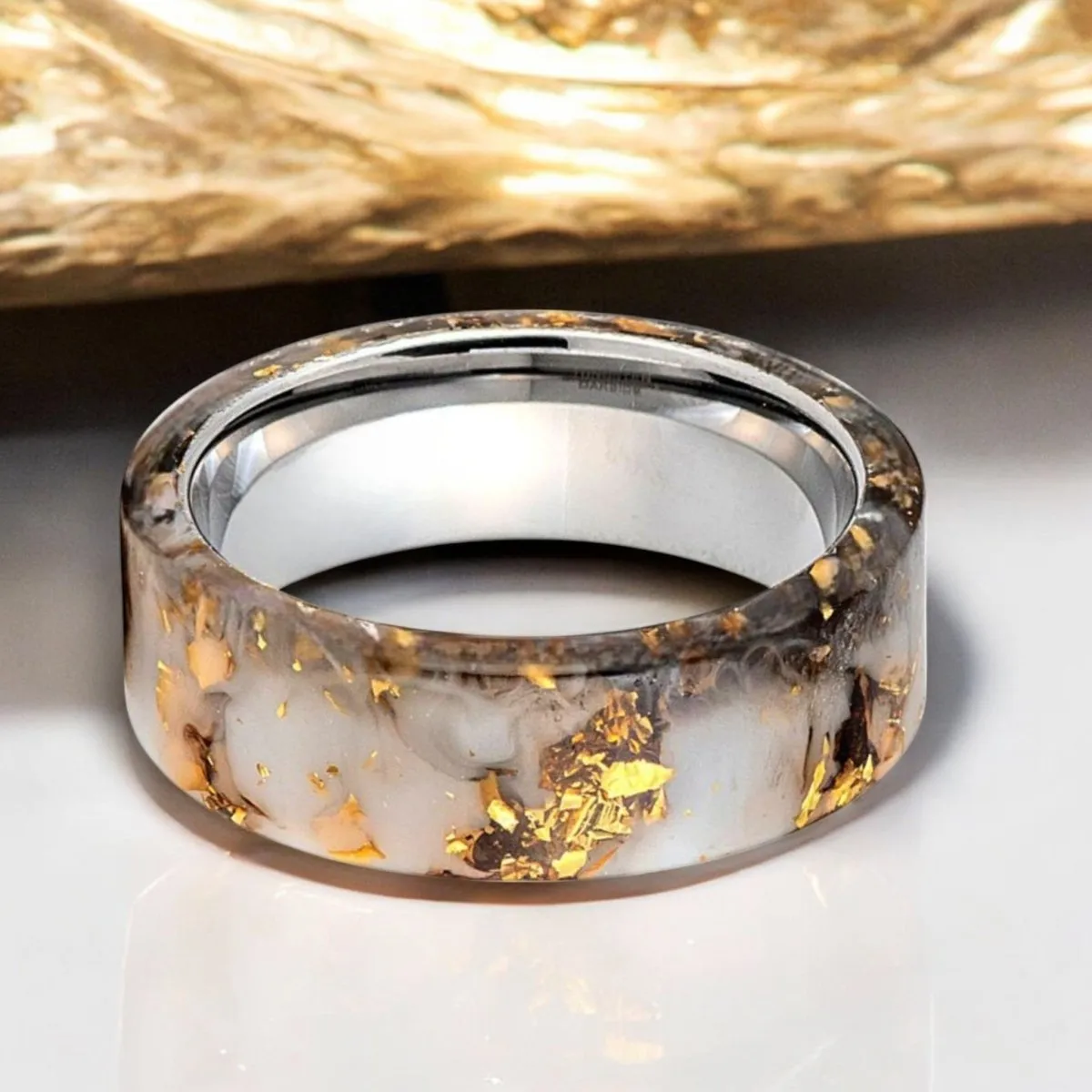 AURIC | Silver Tungsten Ring, White/Black and Gold Foil Resin Inlay