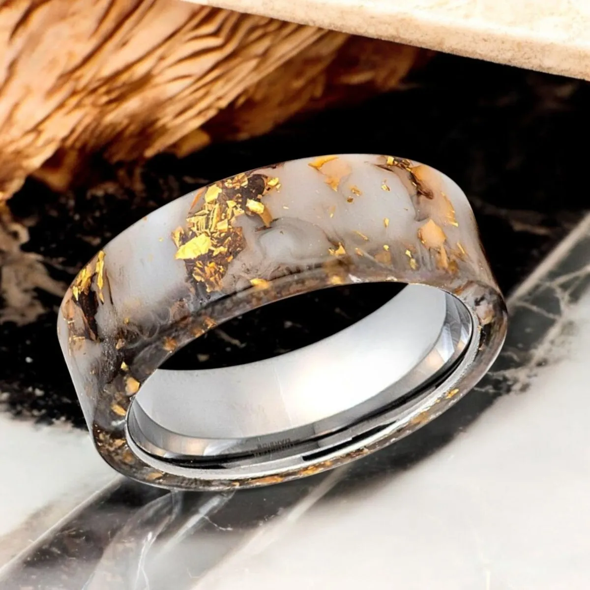 AURIC | Silver Tungsten Ring, White/Black and Gold Foil Resin Inlay
