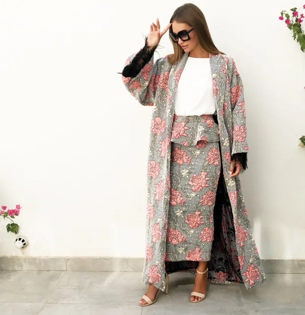 AW18 BROCADE ABAYA DUSTER WITH OSTRICH FEATHERS