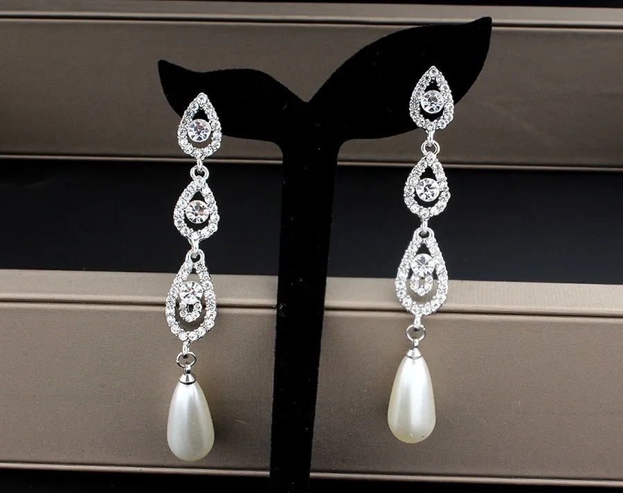 Baroque Pearl Dangle Earrings, Bridal Large Pearl Drop Ear Studs, Diamond CZ Gem Wedding Dangle Ear Studs