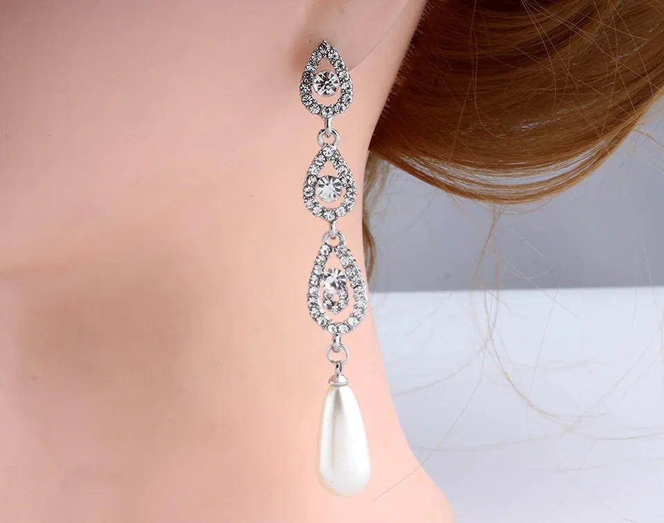 Baroque Pearl Dangle Earrings, Bridal Large Pearl Drop Ear Studs, Diamond CZ Gem Wedding Dangle Ear Studs