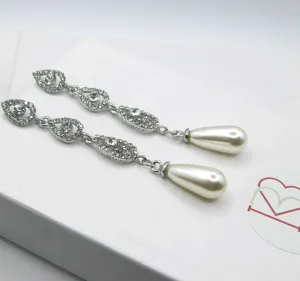 Baroque Pearl Dangle Earrings, Bridal Large Pearl Drop Ear Studs, Diamond CZ Gem Wedding Dangle Ear Studs