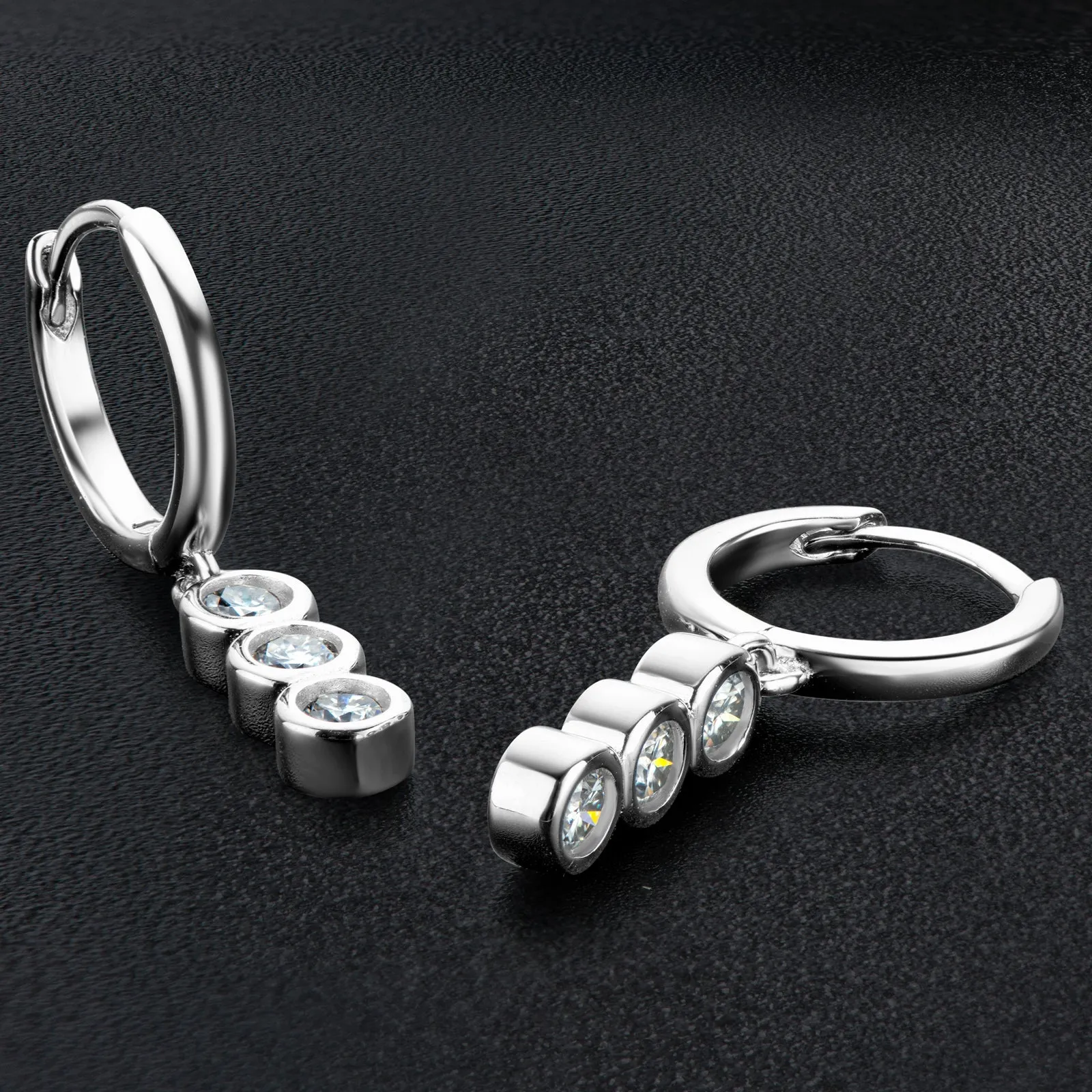Bezel Setting Round Cut 3mm D Color Moissanite Drop Hoop Earrings