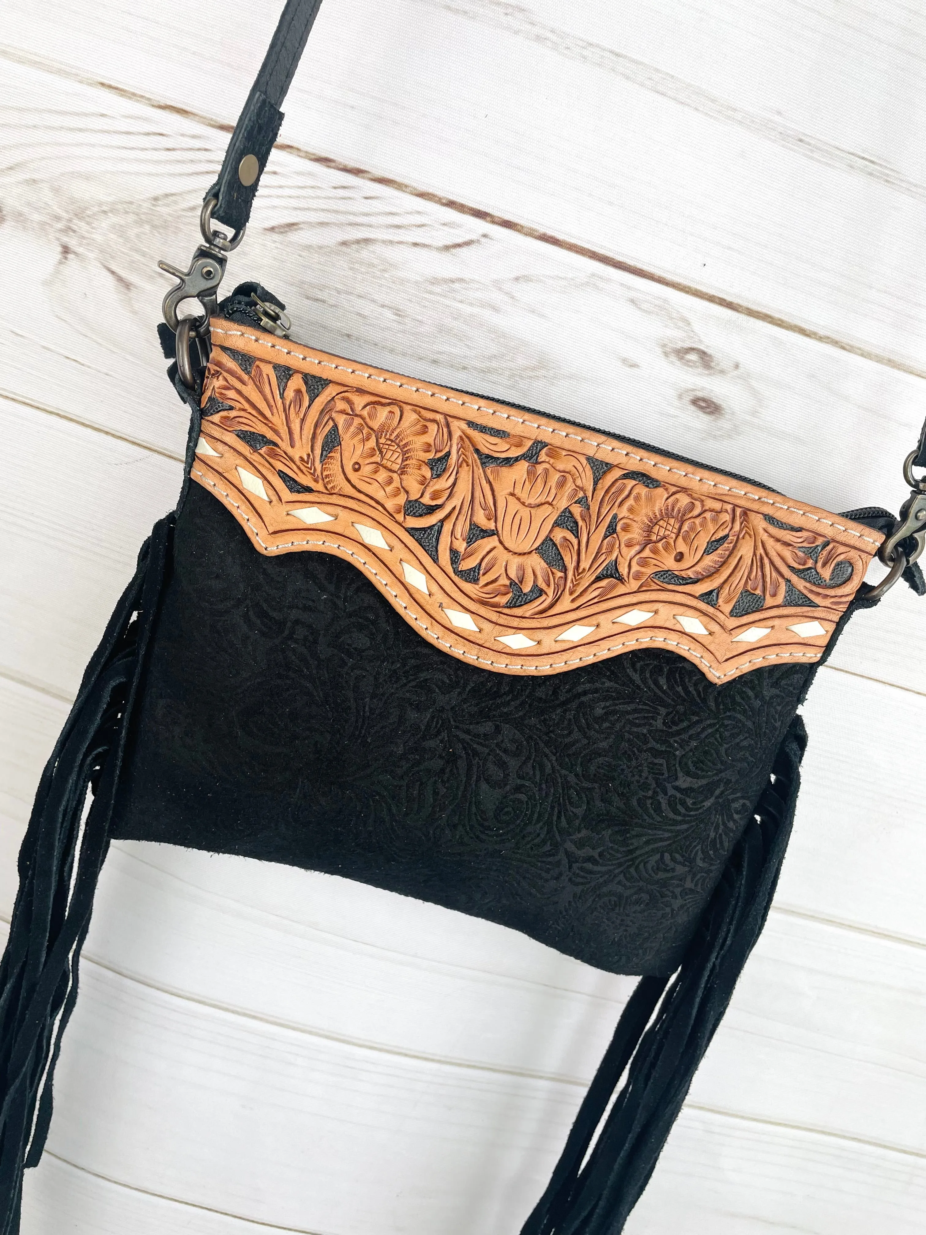 Black Canyon Suede Brocade Leather Tooled Buckstitch Fringe Purse