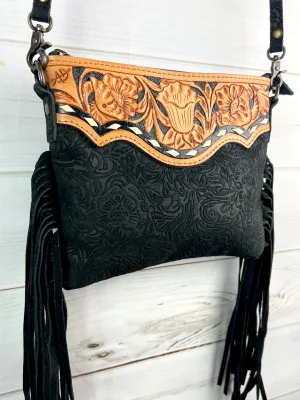Black Canyon Suede Brocade Leather Tooled Buckstitch Fringe Purse