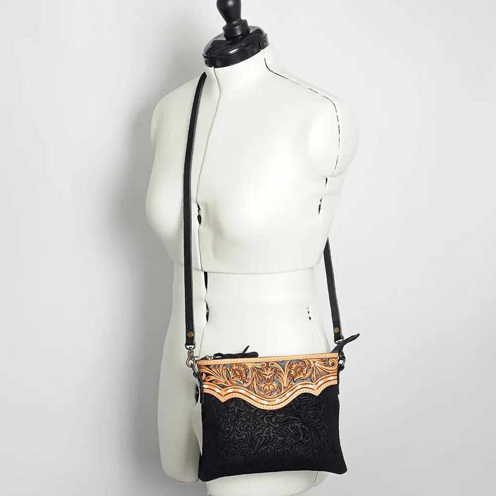 Black Canyon Suede Brocade Leather Tooled Buckstitch Fringe Purse