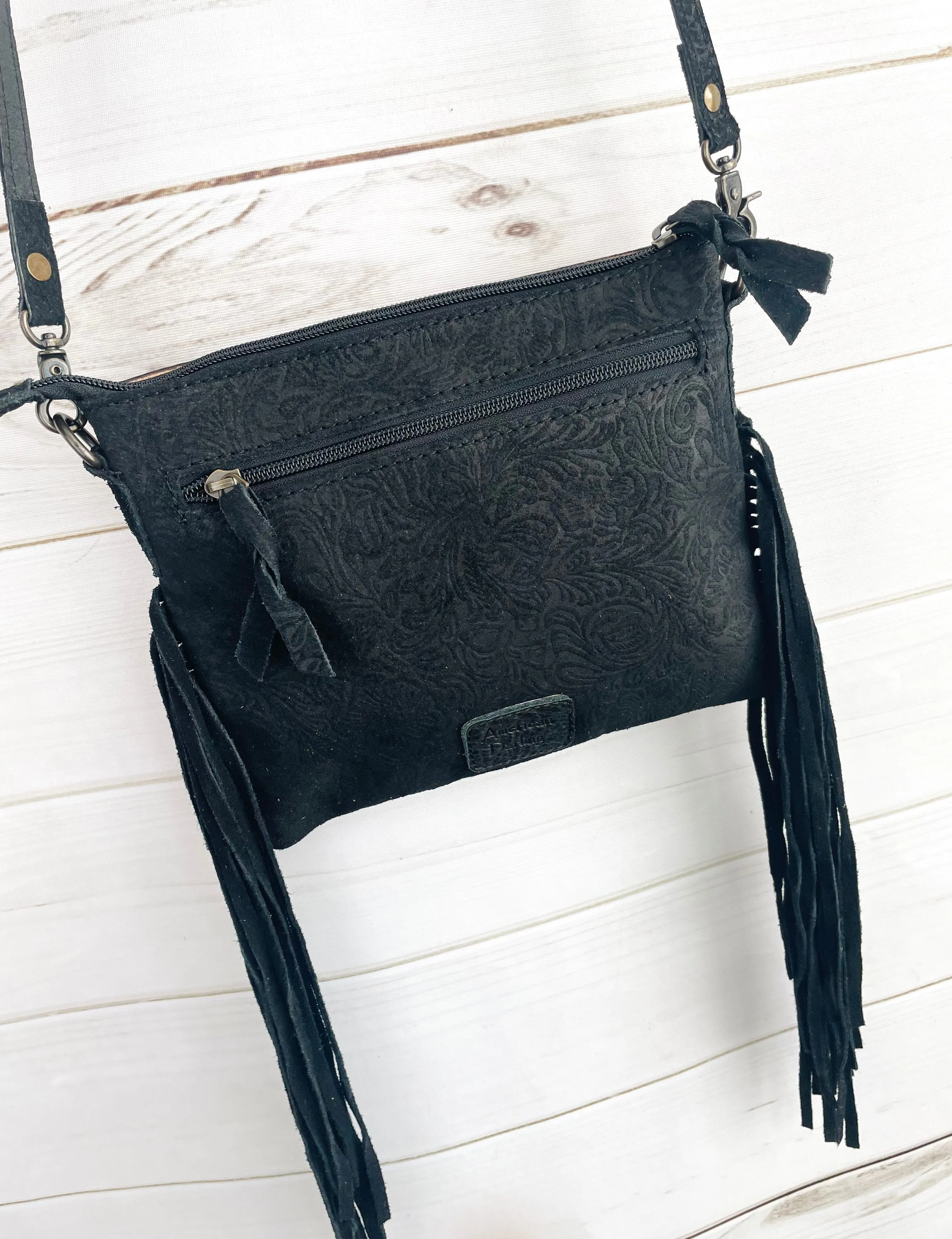 Black Canyon Suede Brocade Leather Tooled Buckstitch Fringe Purse