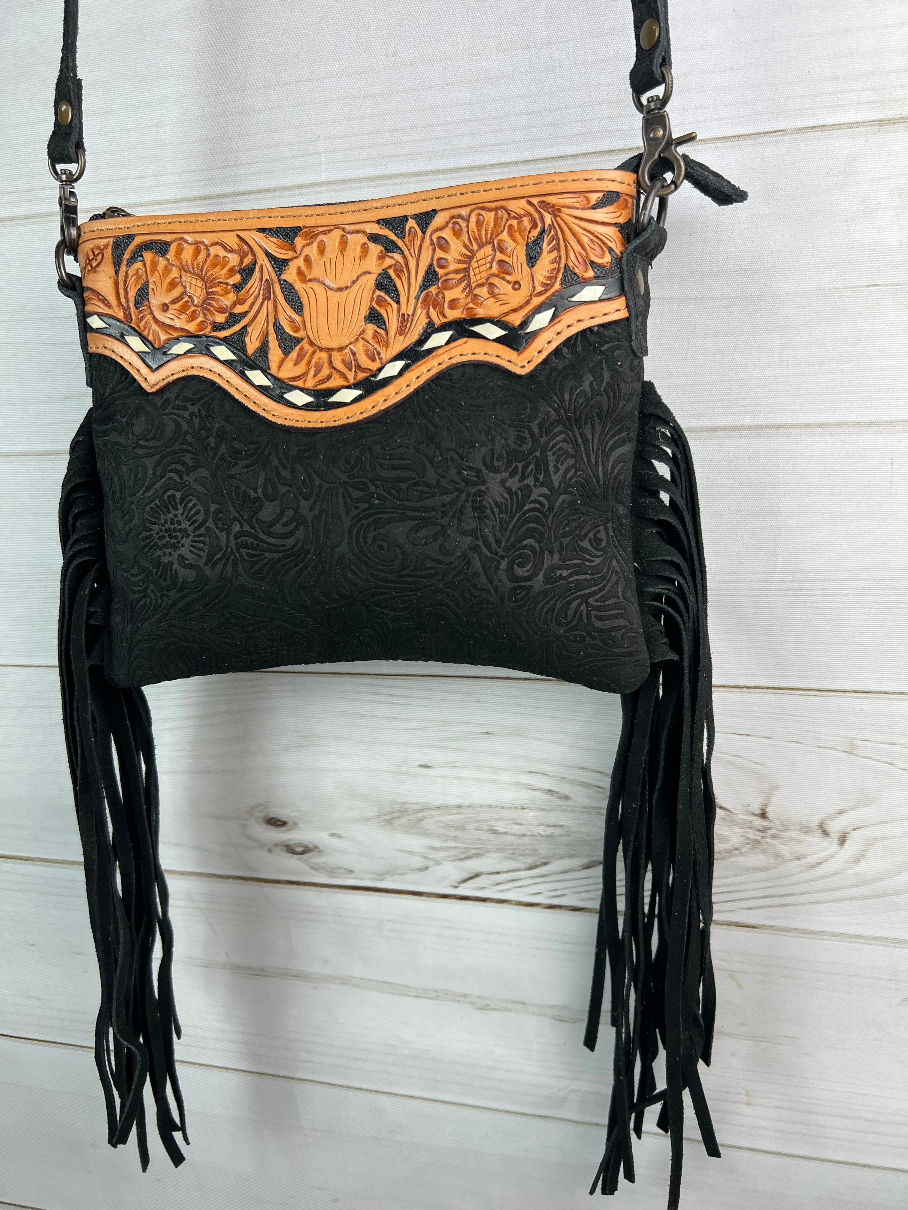 Black Canyon Suede Brocade Leather Tooled Buckstitch Fringe Purse