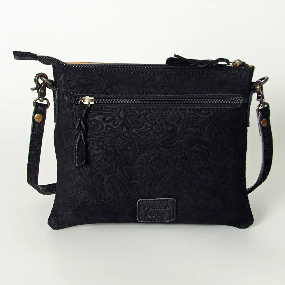 Black Canyon Suede Brocade Leather Tooled Buckstitch Fringe Purse