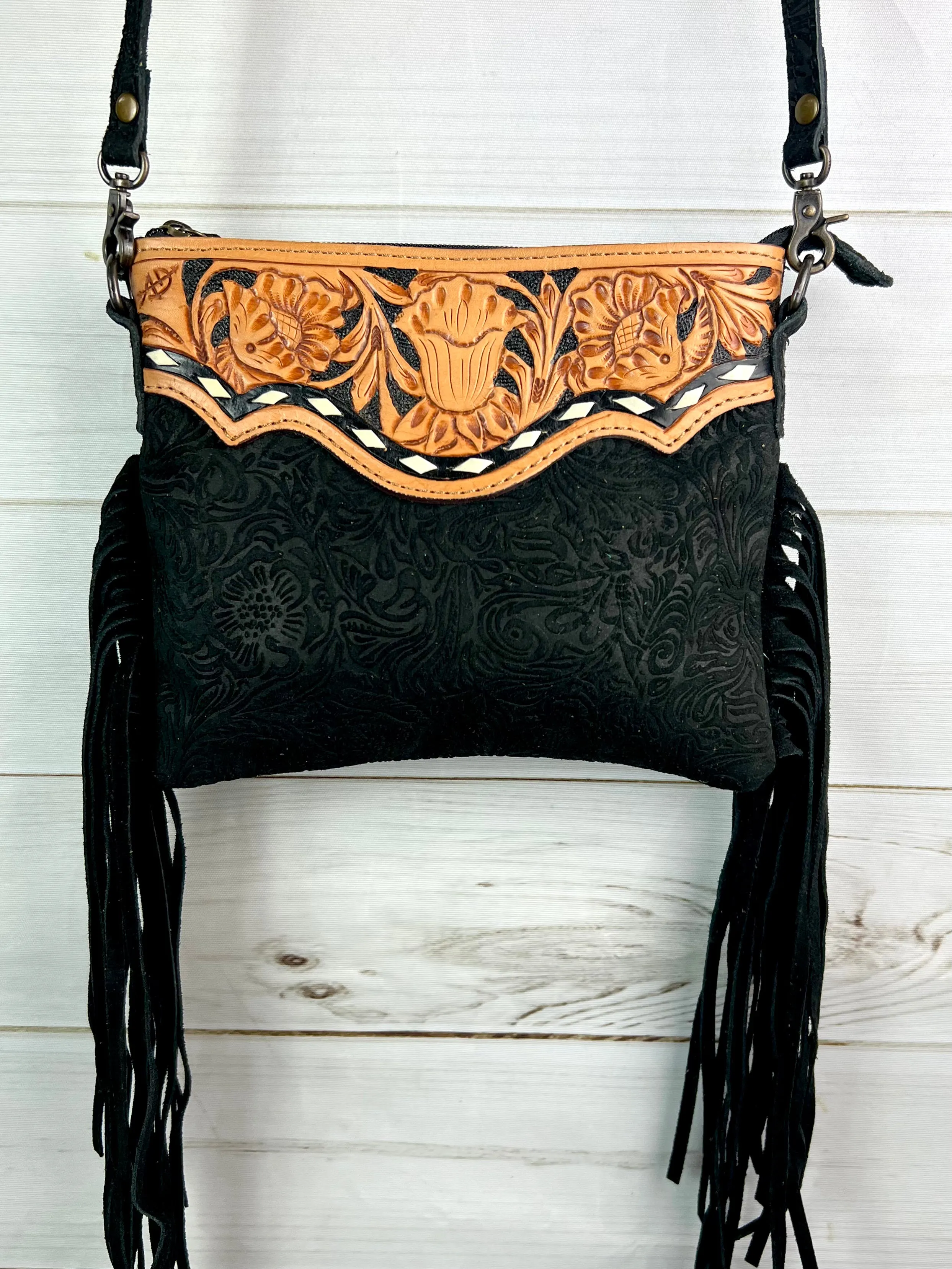 Black Canyon Suede Brocade Leather Tooled Buckstitch Fringe Purse
