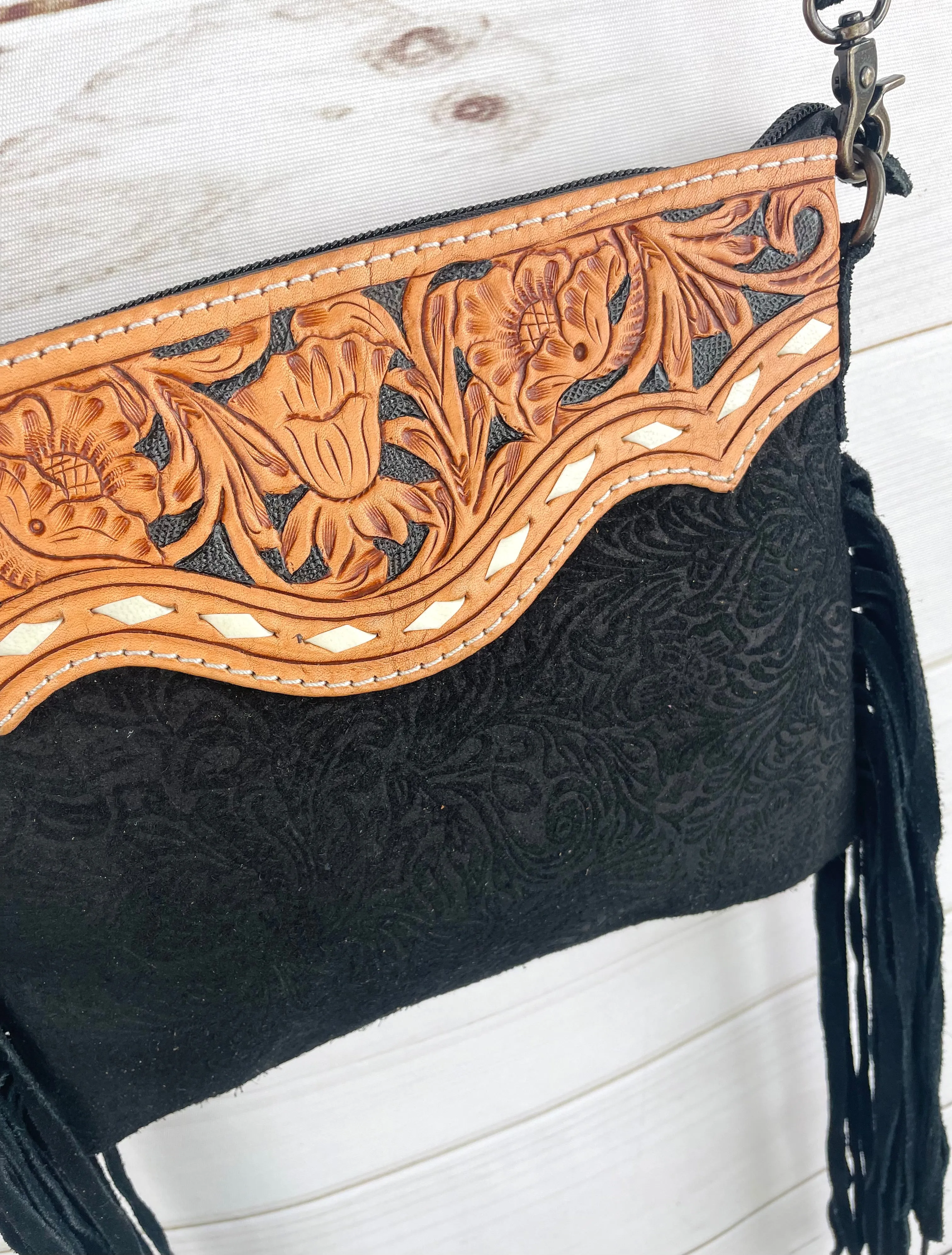 Black Canyon Suede Brocade Leather Tooled Buckstitch Fringe Purse