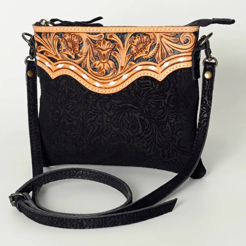 Black Canyon Suede Brocade Leather Tooled Buckstitch Fringe Purse