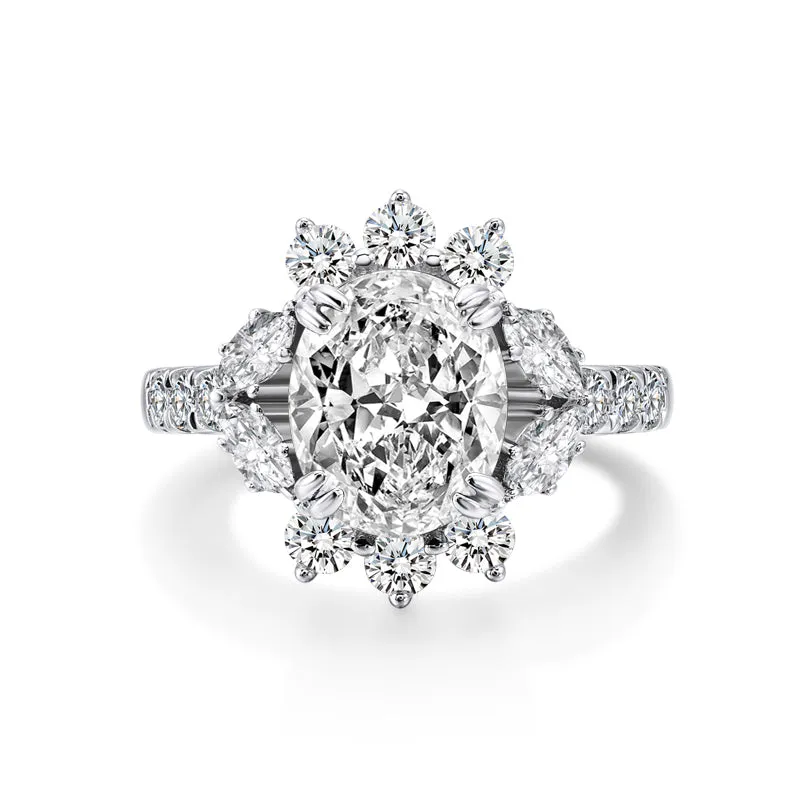 Brilliant Flower Oval Moissanite Diamond Halo Ring