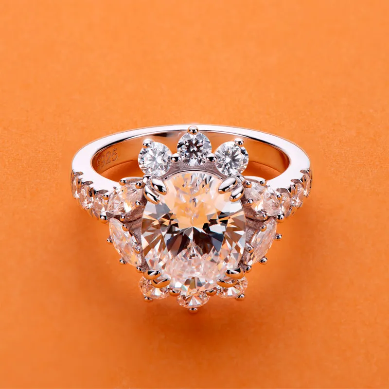 Brilliant Flower Oval Moissanite Diamond Halo Ring