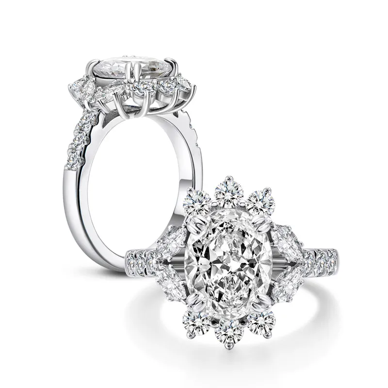 Brilliant Flower Oval Moissanite Diamond Halo Ring