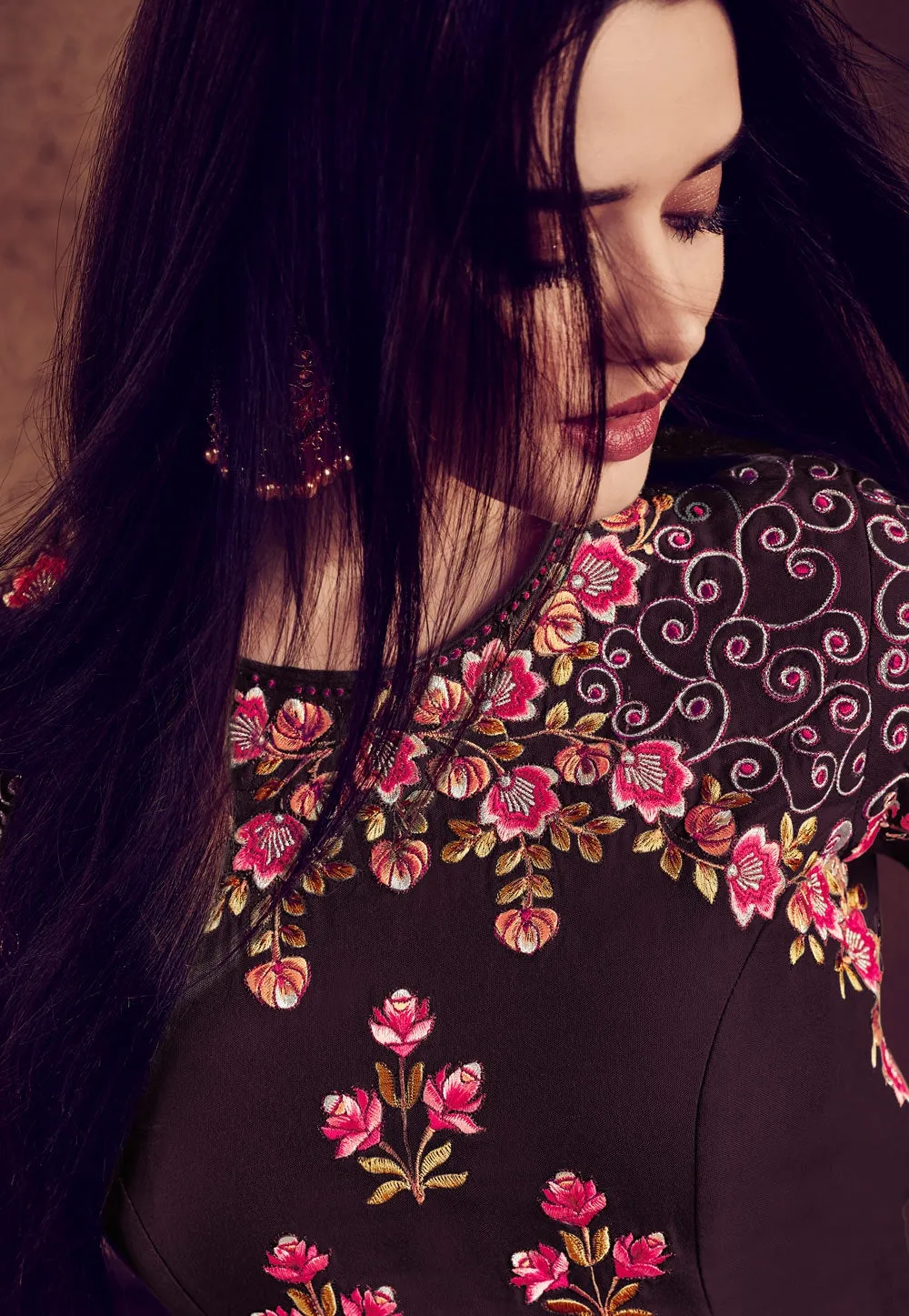 Burgundy And Pink Embellished Anarkali Suit