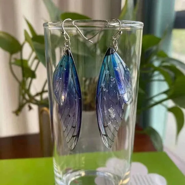 Butterfly Wing Boho Earrings, Multi Color Fairy Wing Dangle Earrings, Long Clear Wing Bohemian Earrings