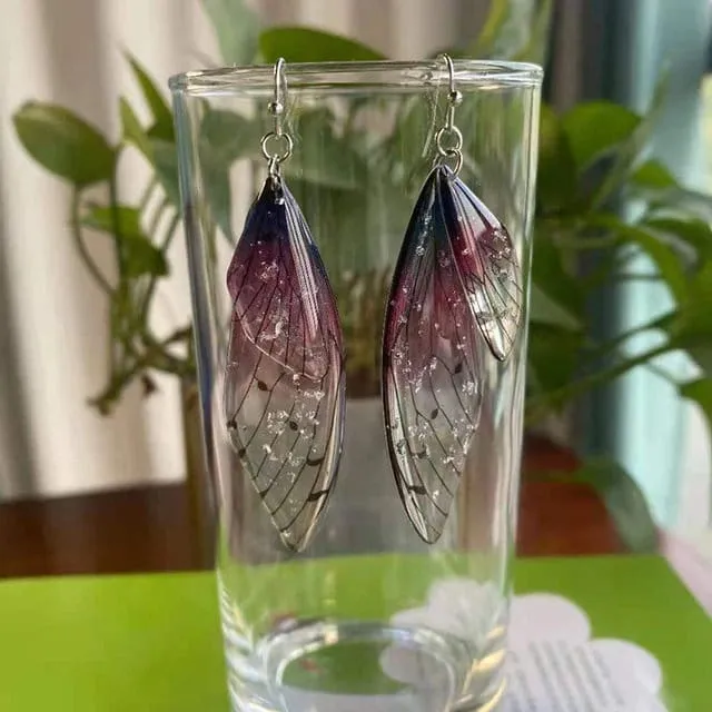 Butterfly Wing Boho Earrings, Multi Color Fairy Wing Dangle Earrings, Long Clear Wing Bohemian Earrings