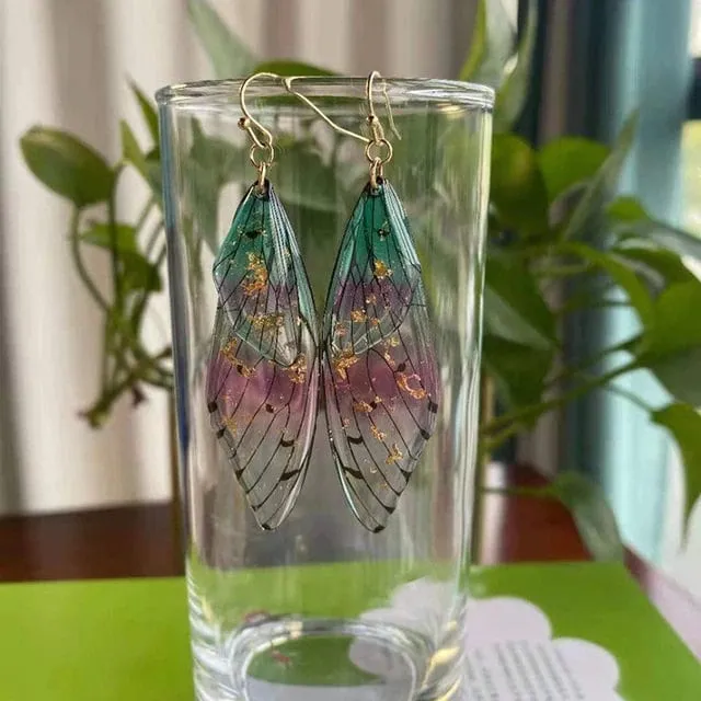 Butterfly Wing Boho Earrings, Multi Color Fairy Wing Dangle Earrings, Long Clear Wing Bohemian Earrings