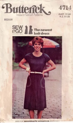Butterick 4714 EASY Womens Pullover Stretch Knit Dress with Pockets 1970s Vintage Sewing Pattern Size MEDIUM 12 - 14