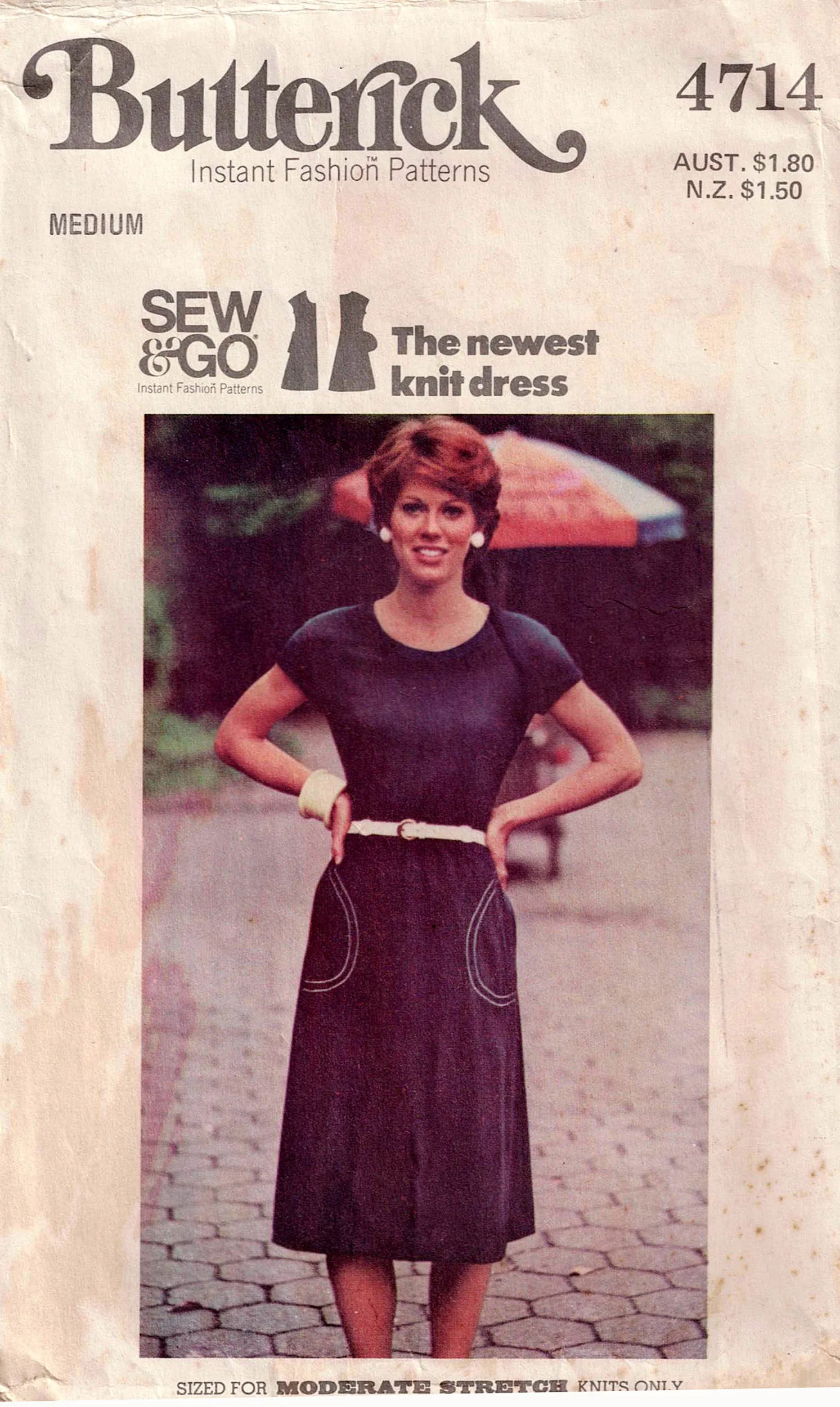 Butterick 4714 EASY Womens Pullover Stretch Knit Dress with Pockets 1970s Vintage Sewing Pattern Size MEDIUM 12 - 14