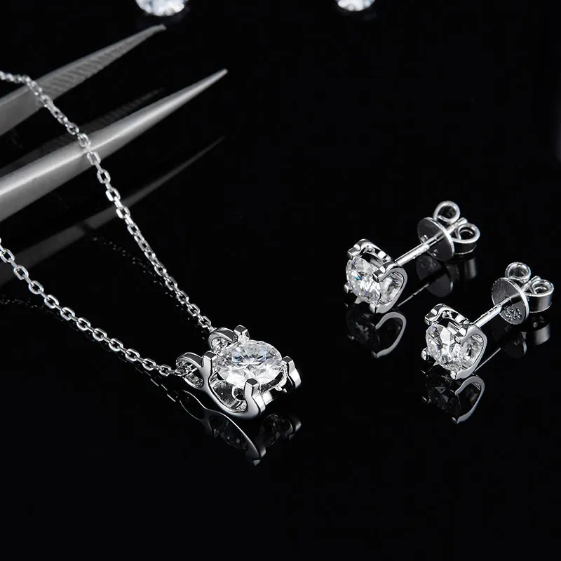 Classic Round 2ctw. Moissanite Stud Earrings and 2ct Moissanite Pendant Necklace Jewelry Sets