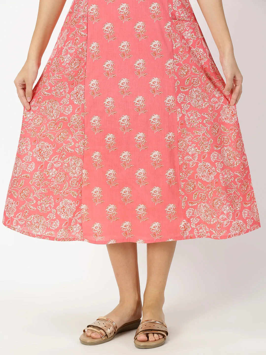 Coral Floral Print Panelled Midi Dress