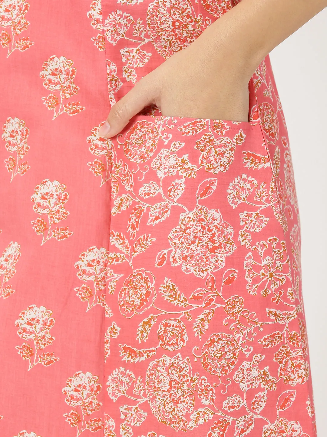 Coral Floral Print Panelled Midi Dress