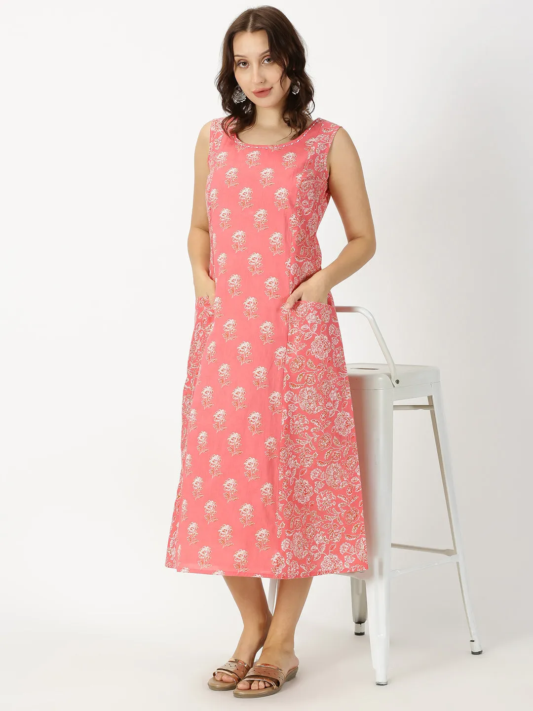 Coral Floral Print Panelled Midi Dress