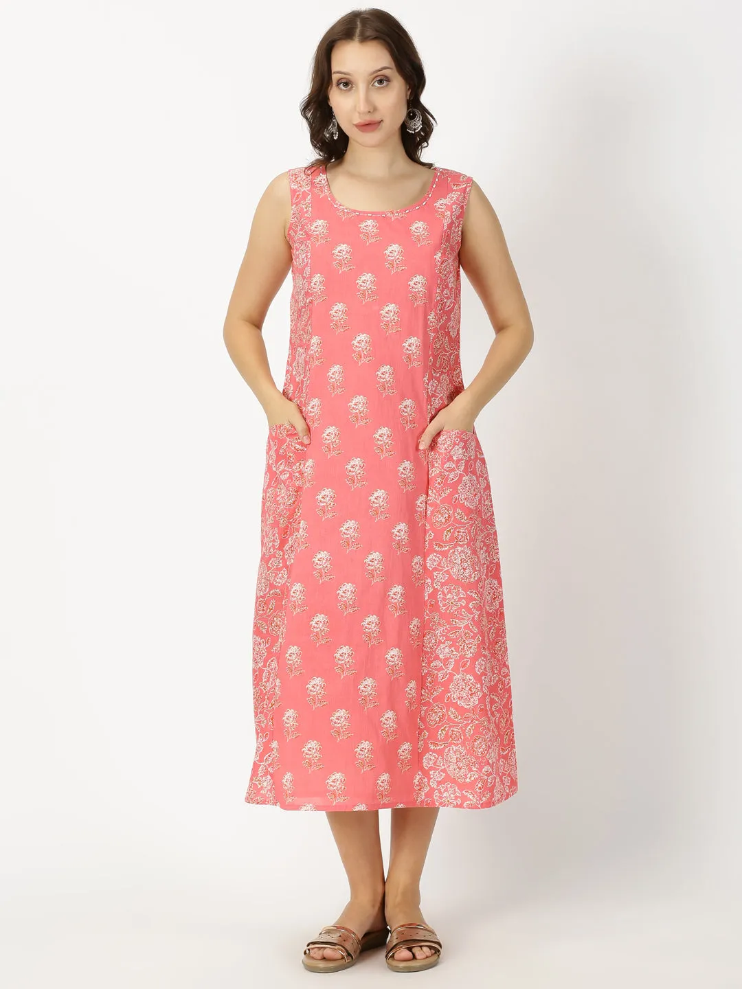 Coral Floral Print Panelled Midi Dress