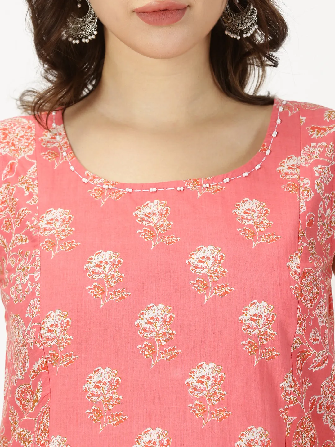 Coral Floral Print Panelled Midi Dress