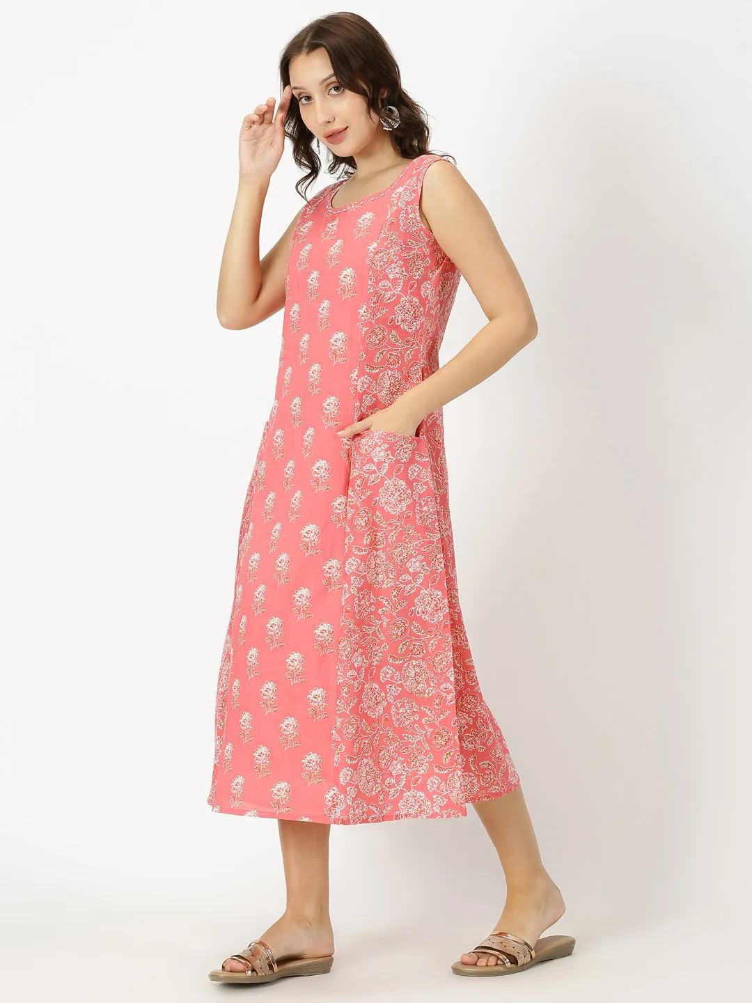 Coral Floral Print Panelled Midi Dress
